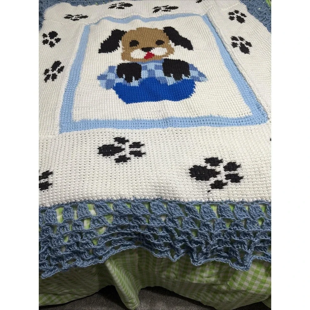 Crochet Blue White Brown Baby Blanket Afghan Handmade Puppy Dog 50x60